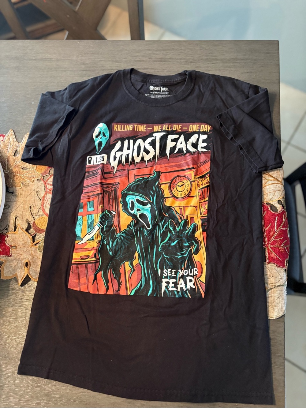 Hot Topic Black Ghost Face Graphic Tee with Neon Accents